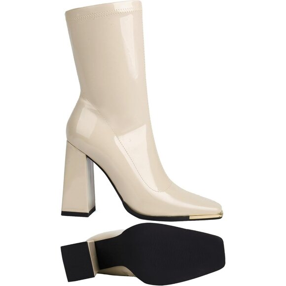 Women's Tan Mid Calf Comfy Square Closed Toe Heel Zipper Short Ankle Boots - Picture 7 of 8